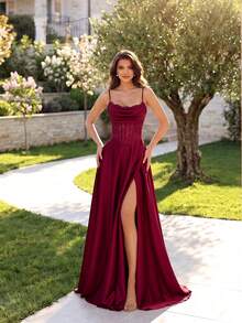 ADYCE Elegant Spaghetti Strap Lace Slit Floor Length Backless Tie Evening Gown, Suitable For Prom, Date, Homecoming, Wedding Guest, Formal Dinner And Family Gathering - Burgundy - View 6