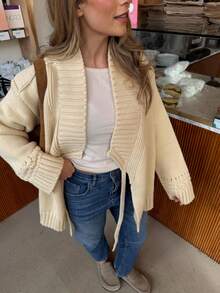 Cardigan Rajut Tebal Longgar Senya untuk Wanita, Sweater Rajut Bertekstur Ribbed dengan Ikatan Depan, Jaket Sweater Serbaguna untuk Musim Dingin, Cocok untuk Musim Gugur - Aprikot - View 10
