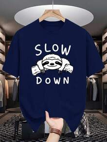 T-shirt à manches courtes d'été pour hommes SLOW avec imprimé logo - Blanc, décontracté, col ras du cou respirant, design de marque SLOW pour un port décontracté, plage & bureau - Top polyvalent printemps/été (Lavage à la main/Nettoyage chimique) - Noir - Voir 9