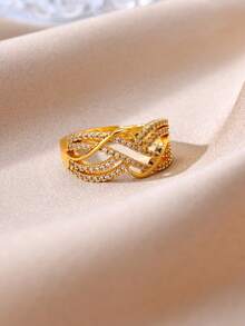 1pc Luxury Zirconia Inlaid Ring, 18K Gold Plated Open Band, Bowknot Four-Leaf Clover Design Jewelry, Daily Commute Dating Gift - Yellow Gold - View 9