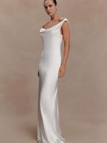 Vestido Satén Encaje Cuello Caído Nuevo - Blanco - Ver 4