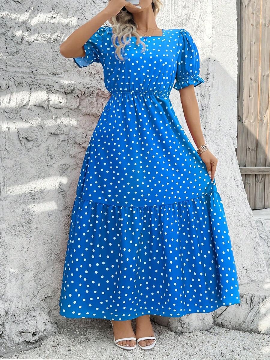 1pc Vestido Casual de Mujer con Lunares, Maxi A-Line con Cuello Cuadrado, Tela, para Primavera/Verano/Otoño - Azul - Ver 1