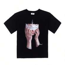 T-Shirt Con Stampa Artistica "Surreal Blindfolded Hands", Girocollo, Manica Corta, Vestibilità Ampia In Stile Retrò. - 後七 - 查看 1
