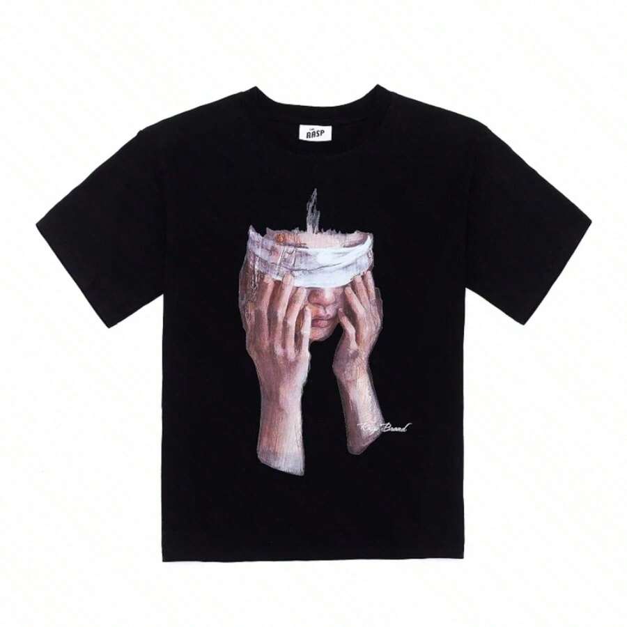 T-Shirt Con Stampa Artistica "Surreal Blindfolded Hands", Girocollo, Manica Corta, Vestibilità Ampia In Stile Retrò. - 後七 - 查看 1
