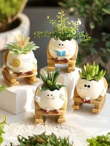 Resin Rocking Chair Succulent Planter With Coffee-Shaped Smiling Face Design, Suitable For Desk Decor, Garden/Country Potted Plants, Outdoor Gardening Decor And Patio Decor - A - View 2