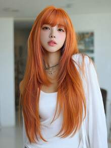 7JHH WIGS 32 Inch Orange Long Layered Straight Wigs For Women - Elegant Wig With Bangs- Dark Roots, Natural Looking Fluffy Very Soft Synthetic Heat Resistant Fiber Full Machine Hair Wig For Girls Daily, Music Festival Party, Cosplay Anime Use, Gift For Friend - Burnt Orange - View 2