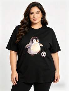 Women's Plus Size 100% Cotton Crew Neck T-Shirt With Adorable Animal Print (Penguin And Soccer Ball), Casual Summer Wear, Mother's Day Gift For Mom And Family, . - 白色 - 查看 5