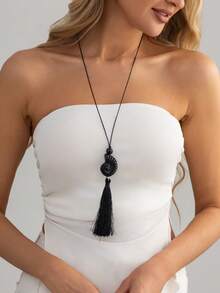 1pc Elegant Fashion Vintage Exaggerated Geometric Wax Cord Y-Shaped Tassel Resin Seashell Pendant Charm Jewelry Necklace, Luxurious & Chic, Suitable For Wedding, Banquet, Vacation, Party, Daily Casual, Street Style, Women, Couples, Holiday, Birthday, Versatile Necklace Gift - Necklace - View 11