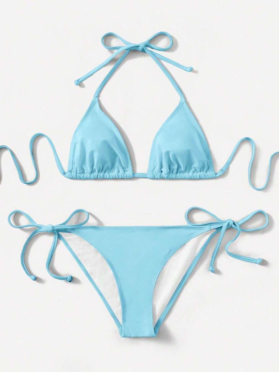 Women's Simple Solid Color Swim Bikini With A Halter Neck And Cutout, Suitable For Beach Vacations And Summer. - Blue Mist - View 1