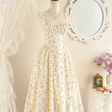 xuehuamaoyi02  Vestido elegante vintage de mujer con bolsillos, con Body fruncido con estampado floral diminuto, tirantes de espagueti, vestido casual para fiesta, vacaciones y verano, vestidos de verano para mujer, vestido de graduación, vestido de cumpleaños, vestido de boda para invitada, vestido de primavera para mujer, vestido de vacaciones para mujer - Rosa Fucsia - Ver 6