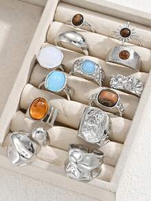 2 Sets Of 14pcs Fashion Minimalist Elegant Vintage Asymmetric Geometric Liquid Thick Wide Ring Set - Silver - View 16
