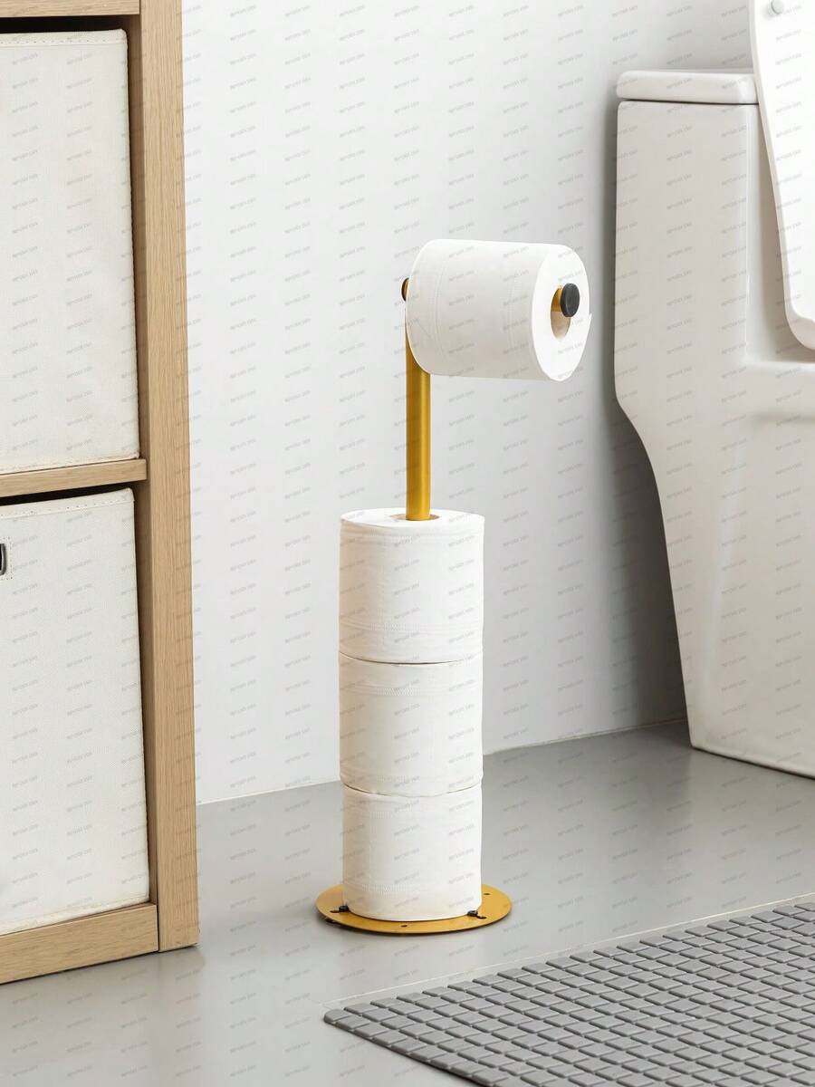 1pc Modern Freestanding Toilet Paper Holder, Iron Bathroom Paper Towel Rack With Spare Roll Storage, Black/White/Gold, No Drilling Required, Floor Standing Storage Rack For Small Bathrooms - Multicolor - View 1