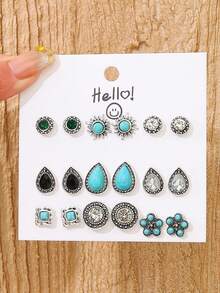9 Pasang Anting Tusuk Wanita Bermotif Geometris Bunga Turquoise Bohemian Vintage yang Dipersonalisasi - 9 pasang bunga pirus berbentuk tetesan air mata - View 1