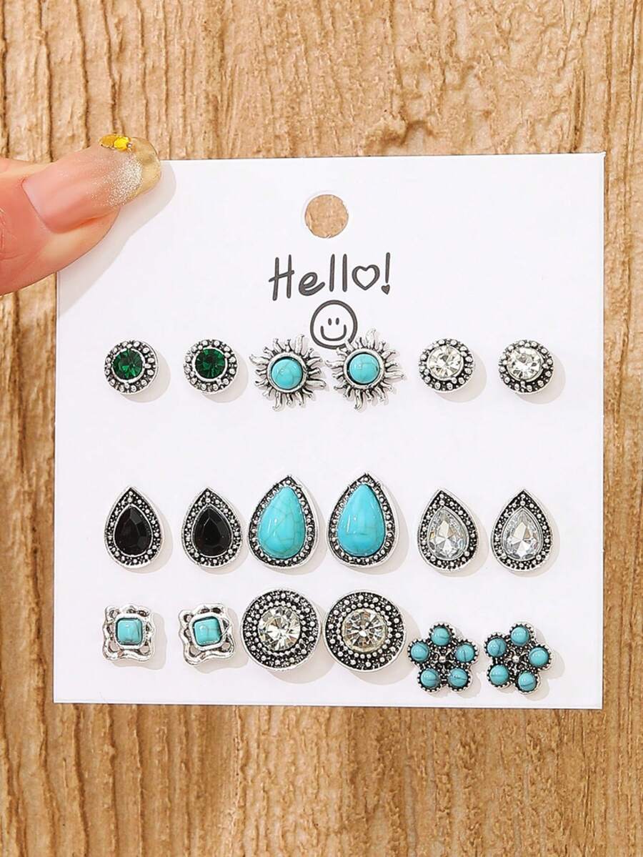 9 Pasang Anting Tusuk Wanita Bermotif Geometris Bunga Turquoise Bohemian Vintage yang Dipersonalisasi - 9 pasang bunga pirus berbentuk tetesan air mata - View 1