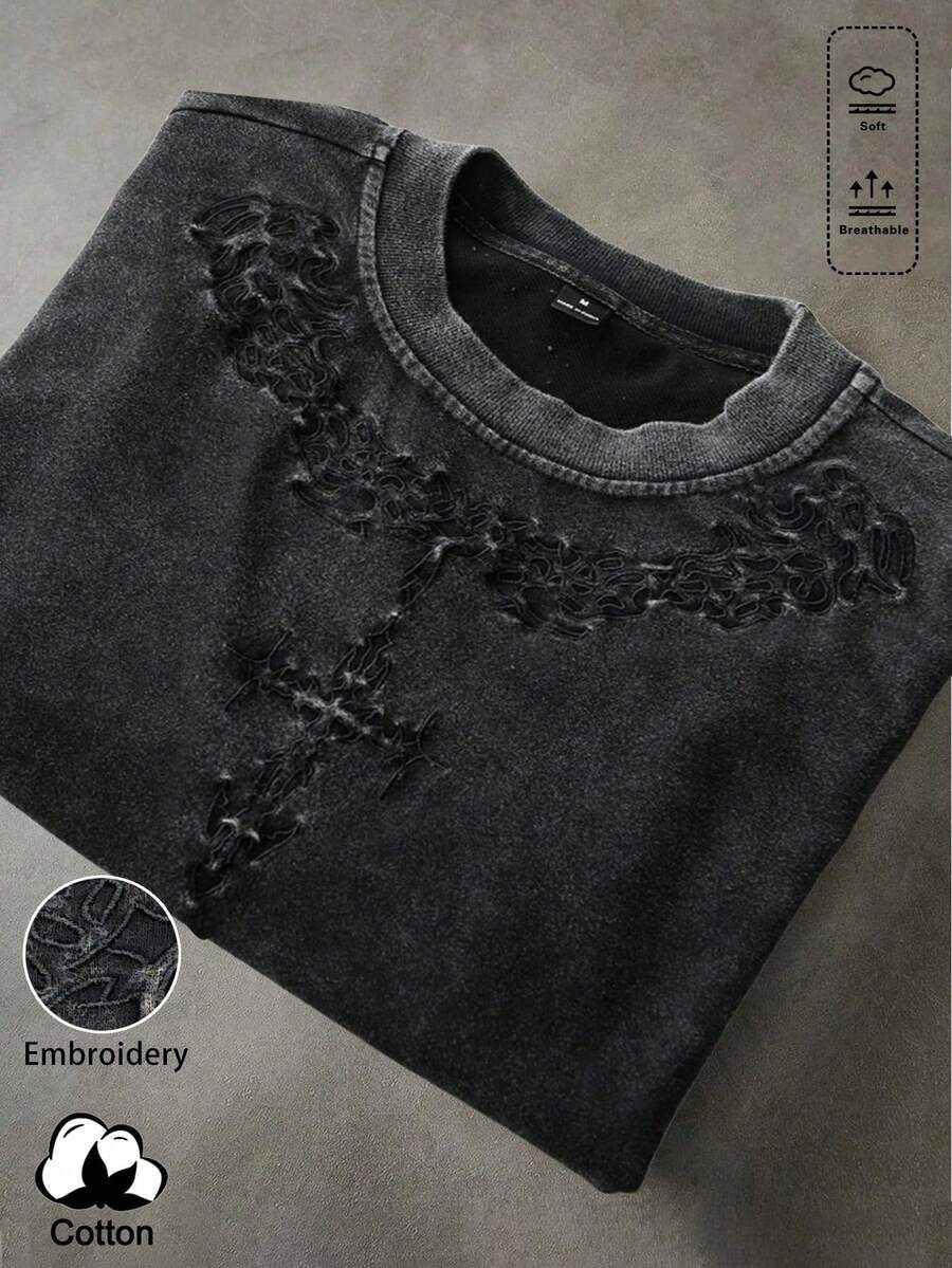 Manfinity Men's T-Shirt With Dark Letter Print On Washed Fabric, INS Street Style, Suitable For Music Festivals, Clubs, Gift For Boyfriend/Husband, Anniversary Gift. Unisex Washed T-Shirt. Y2K Style, Fashionable Style, Cute Style, Casual Style, Women's Blouses > Clothing. 230g (Sizes S-XXXL) - 5 - 查看 1