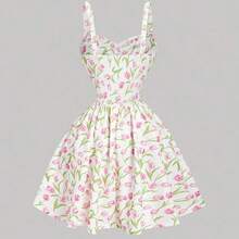 dagjydgfyja  MOD Vestido midi acampanado con cintura fruncida y estampado de flores, con decoración de lazo. Ideal para rave, estilo bohemio, conciertos, graduación, romántico, verano, elegante, vacaciones, fiestas, fluido, invitada de boda, té, modesto, baile de graduación, formal, floral, salidas nocturnas - Verde - Ver 9