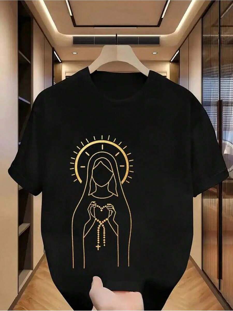 2026 Women's Casual Shirt With A Simple Style And A Print Of The Virgin Of Guadalupe, Comfortable Fabric, Loose Fit, Round Neck, Short Sleeves, Ideal For Everyday Wear In Spring And Summer. 2026 - 黑色 - 查看 1