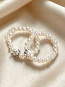 2 piezas Anillos elásticos de resina con perlas falsas y strass, juego de anillos de cuerda elástica con cuentas minimalistas, joyería versátil para mujeres - Blanco - Ver 3