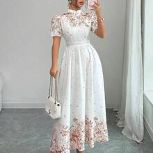 LunaCass8  Vestido de verano de mujer con estampado floral elegante, cintura ceñida y mangas abullonadas - Verde - Ver 8