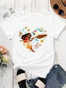 Disney Women Short Sleeve  T Shirt Black Moana Heart Design With Characters And Flowers For Casual Wear - 白色 - 查看 3