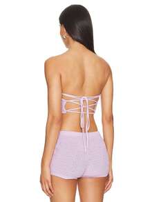 Women Summer 2 Piece Crochet Outfits Colorful Flower Embroidery Hollow Out Strapless Tops And Mini Shorts Set - Purple - View 5