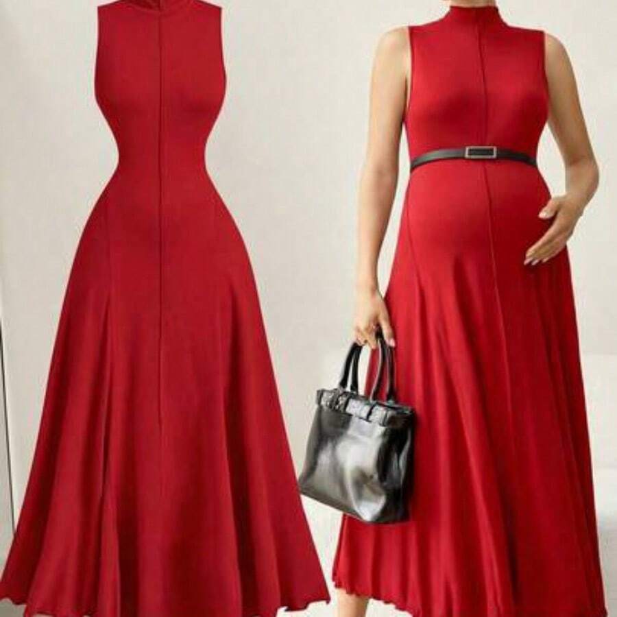 MaterniWear Vestido de maternidad de unicolor, cuello alto, holgado, informal, sin mangas para vacaciones - Rojo - Ver 1