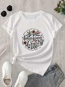 Esta blusa de manga corta y cuello redondo para mujer presenta un estampado floral con palabras de una belleza impresionante, ideal para todas las estaciones. - Blanco - Ver 1