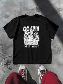 T-shirt nera da uomo in stile punk con stampa grafica, girocollo, vestibilità comoda, look street hip-hop, comoda da indossare, stampa grafica unica - nero - Visualizzare 2