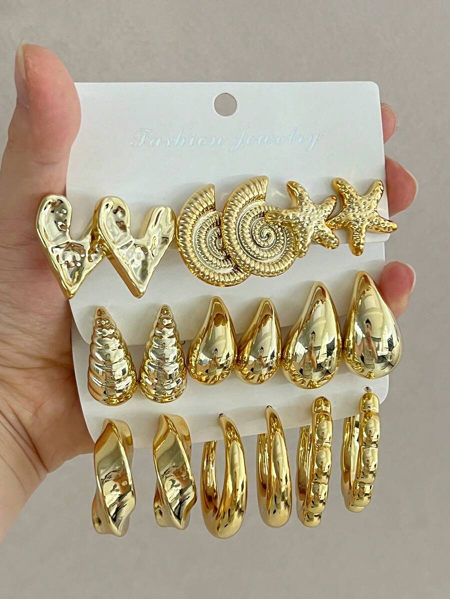 9對金色幾何耳環套組,時尚百搭女款耳飾,高級圓環與耳釘組合 - 金黃色 - 查看 1