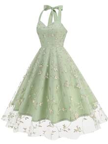 New Tulle Strappy Gala Dress With Embroidery - Green - View 2
