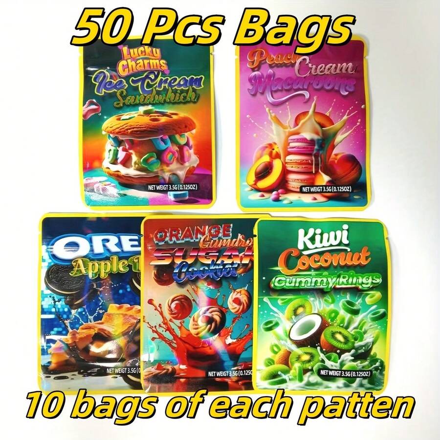 50pcs Gift Bags, 3.5G Mylar Bags, 10 Bags Of Each Pattern.Vibrant Pop Culture-Themed Resealable Mylar Bags, Waterproof & Odorless, 3.5g - Perfect For Party Favors & Gifts, Cartoon Designs. - 50pcs Random - View 1