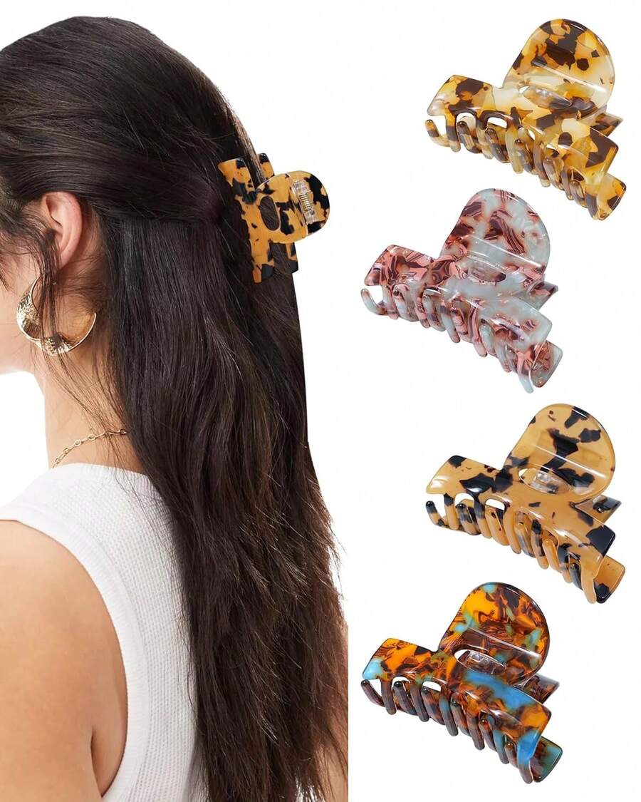 4 Pack 3.1 Small Acrylic Hair Claw Clips Women, Non-Slip Marble Hairclips, Strong Hold Jaw Barrettes Hair Accessories Half-Up Ponytails (Tortoise) - 牧靈 - 查看 1