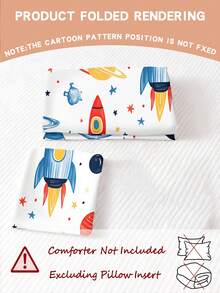 2/3pcs Cute Rocket Space Bedding Set, Soft Planet Print Duvet Cover Set With Pillowcases, Suitable For Children And Teenagers Boys And Girls Room Decor, All Season Use, With Zipper Closure 150x200cm - Multicolor - View 2