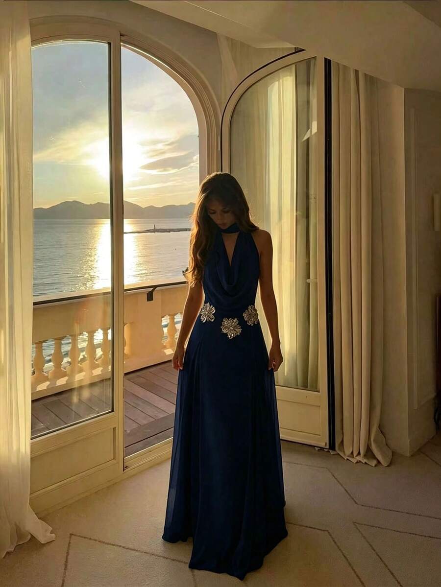 Elegant Romantic Party Beach Anniversary Formal Dinner Wedding Guest Evening Date 3D Floral Decor Halter Neck Dress Fall - Navy Blue - View 1