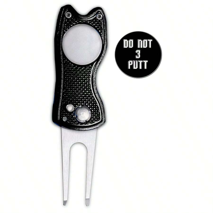 FINGER TEN Golf Hole Repair Tool With Do Not 3putt Ball Marker 1pc, Foldable Magnetic Stainless Steel Repair Tool With Pop-Up Button, Portable Golf Green Accessory, Suitable For Men And Women