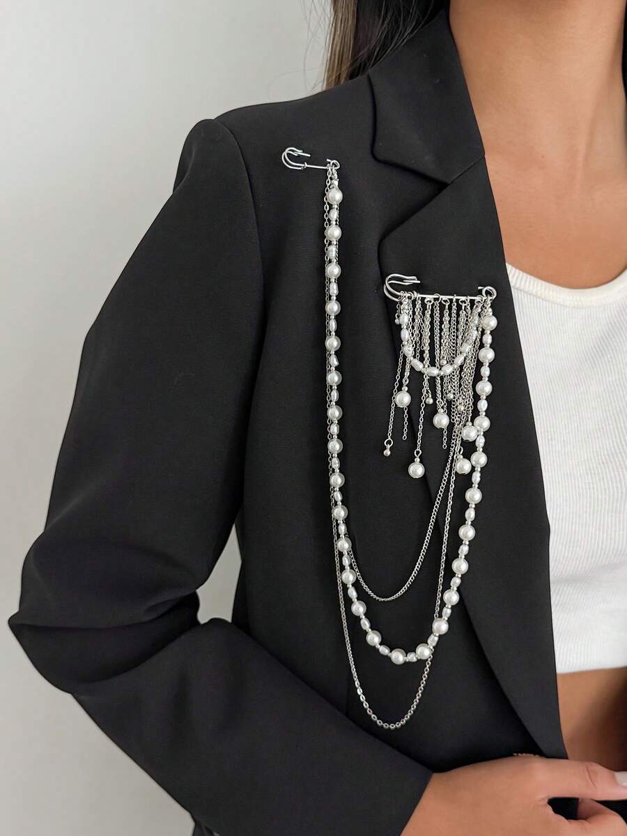 1pc Elegant Fashion Faux Pearl Beaded Geometric Thin Chain Multi-Layer Stacked Charm Jewelry Tassel Brooch Pin Clothing Chain, Luxurious Light Luxury, Wedding Banquet, Holiday Party, Daily Casual, Street Photography, Women Couple Holiday Birthday Versatile Brooch Gift