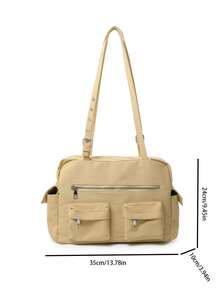 Large Capacity Multi-Pocket Tote Shoulder Bag | Cream Nylon Bag With Silver Zipper Details | Work/School/Travel | Durable Bag,Y2k - Multicolor - View 5