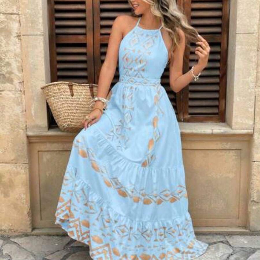 Vestido dorado con estampado geométrico y espalda descubierta para vacaciones . - Azul - Ver 1