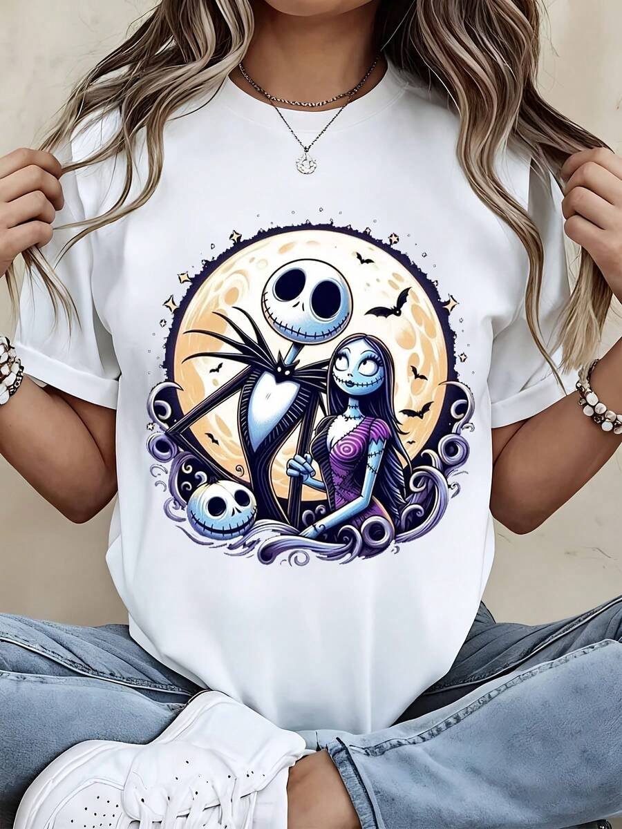 Disney Crew Neck T Shirt Black Jack Skellington And Sally Moon Background Halloween Costume Party Wear - 白色 - 查看 1