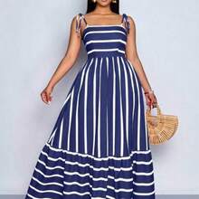 xuehuamaoyi02  Vestido maxi de estilo fluido con rayas, con tirantes y detalles de recogido en el pecho, adecuado para vacaciones, playa, ir al trabajo y uso casual, elegante vestido (floral aleatorio) - Azul marino - Ver 1