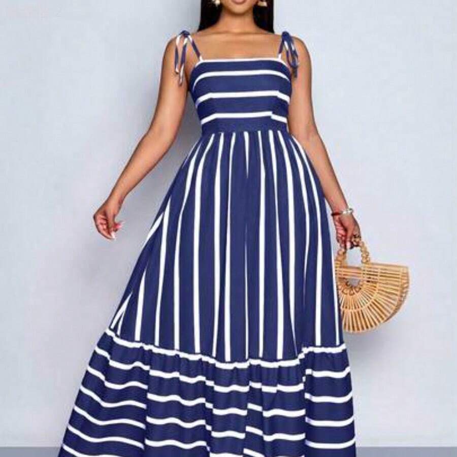 xuehuamaoyi02 Vestido maxi de estilo fluido con rayas, con tirantes y detalles de recogido en el pecho, adecuado para vacaciones, playa, ir al trabajo y uso casual, elegante vestido (floral aleatorio) - Azul marino - Ver 1