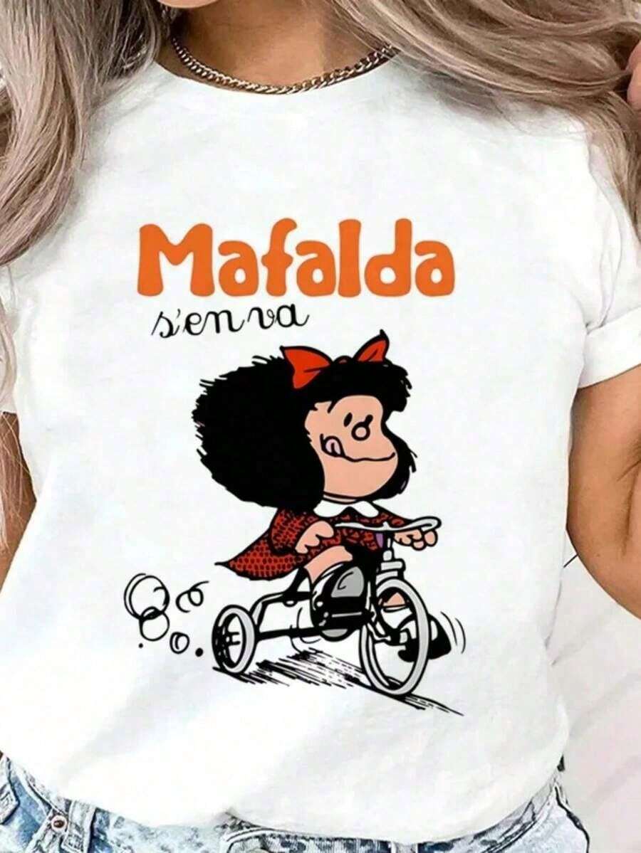 Camisetas de anime japonés para mujeres Mafalda, ropa de calle femenina, ropa gráfica Harajuku, moda casual de verano para damas, tops Y2K. Camiseta suelta, casual y versátil. - Negro - Ver 1