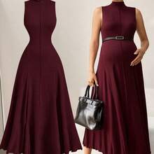 MaterniWear Vestido de maternidad de unicolor, cuello alto, holgado, informal, sin mangas para vacaciones - Burdeos - Ver 9