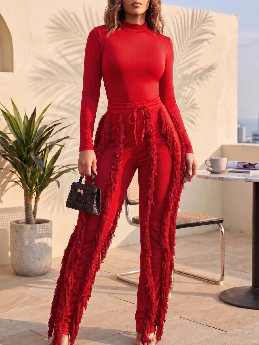 CALEBGAR Women's Sexy Two Piece Outfits Long Sleeve Fringe Pants Set Clubwear Going Out Birthday Party Night Outfits - 紅色 - 查看 1