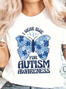Autism Awareness Gift Cami With Blue Puzzle And Butterfly, "I Wear Blue For Autism", Graphic Cami For Women And Men, Supports Autism Awareness Campaigns, Casual Wear For Everyday Use And Events, Summer Wear. Soft - 白色的 - 查看 1