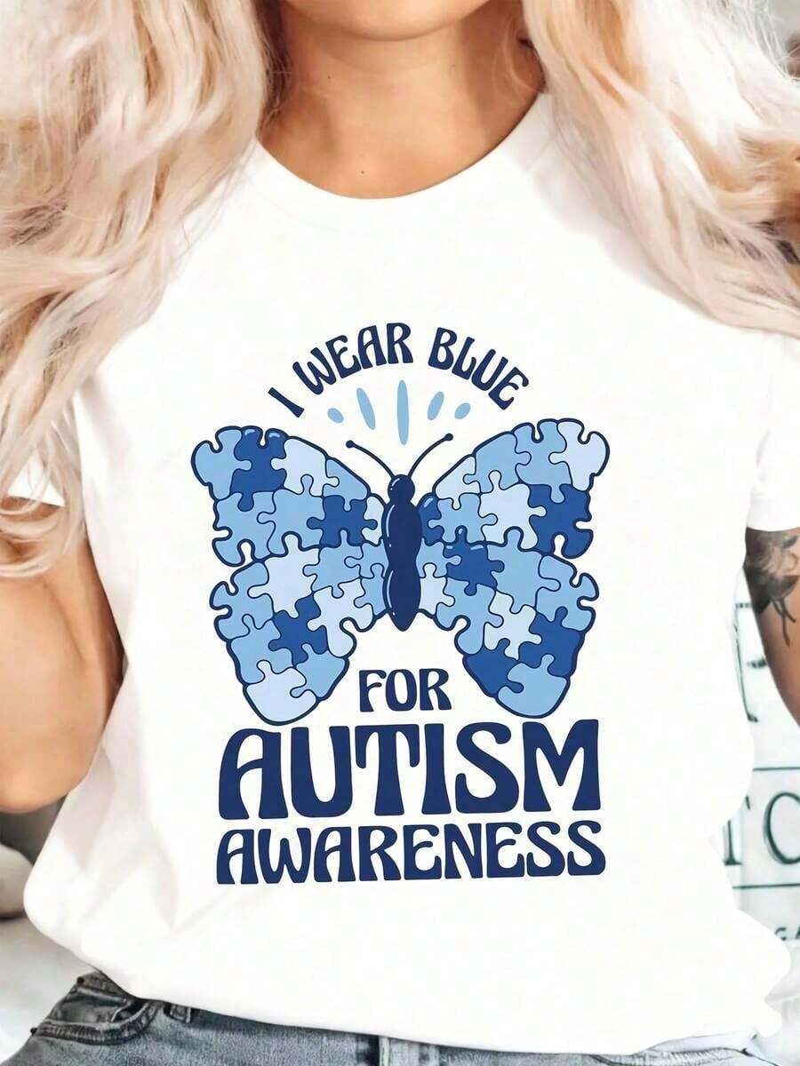 Autism Awareness Gift Cami With Blue Puzzle And Butterfly, "I Wear Blue For Autism", Graphic Cami For Women And Men, Supports Autism Awareness Campaigns, Casual Wear For Everyday Use And Events, Summer Wear. Soft - 白色的 - 查看 1
