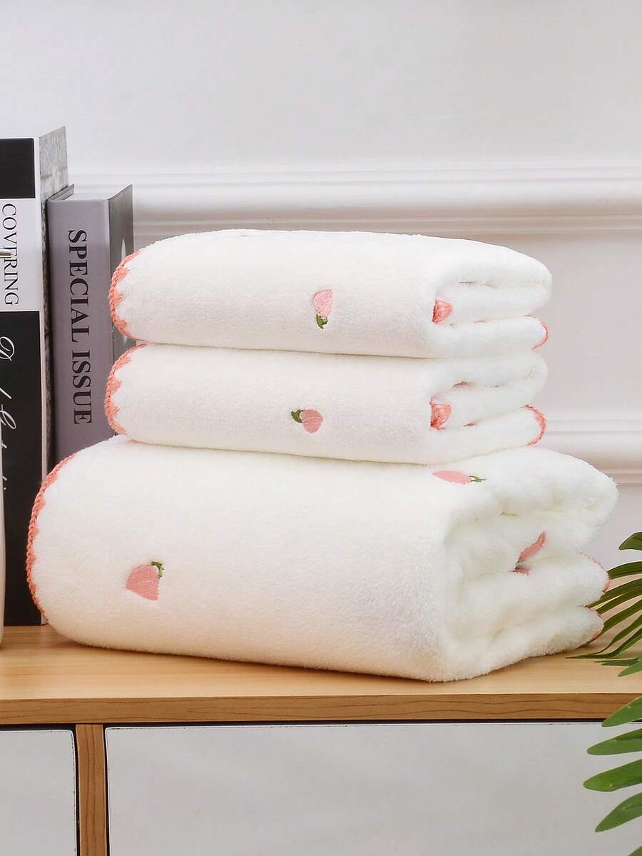 1件毛巾/浴巾或2件組(浴巾70*140cm + 毛巾34*74cm)珊瑚絨柔軟親膚可愛桃子刺繡勾邊浴巾與毛巾,不掉毛,開學季,高吸水性 - 粉色 - 查看 1