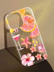 1 pieza Funda de teléfono suave con cojín de aire antideslizante con patrón de hibisco rosa, estrella de mar, naranja y limón para cóctel compatible con iPhone 11/12/13/14/15/16 Pro Max - Multicolor - Ver 1