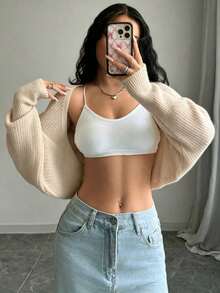 Casual Chunky Knit Cropped Cardigan For Teens - 卡其色 - 查看 4