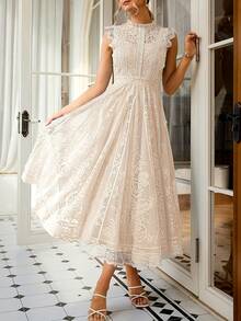 Women's Wedding Guest Dress, New And Elegant Fan-Shaped Lace Flared Dress, Retro Sleeveless Lace Dress, Suitable For Wedding Bridesmaid Dress, Evening Party, Casual Romantic Dates - 灰藍色 - 查看 4